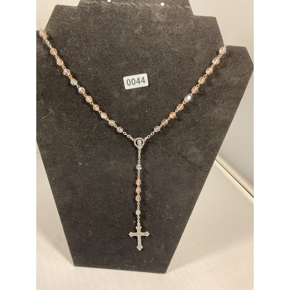 Vintage Italy Rosary Necklace Pink Aurora Borealis Glass Beads Silver Tone Cross